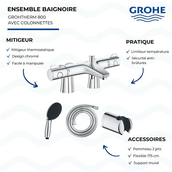 GROHE - Mitigeur baignoire thermostatique Grohtherm 800 avec colonnettes Idro'Flex + Douchette 2 jets Start + Flexible + Support - large