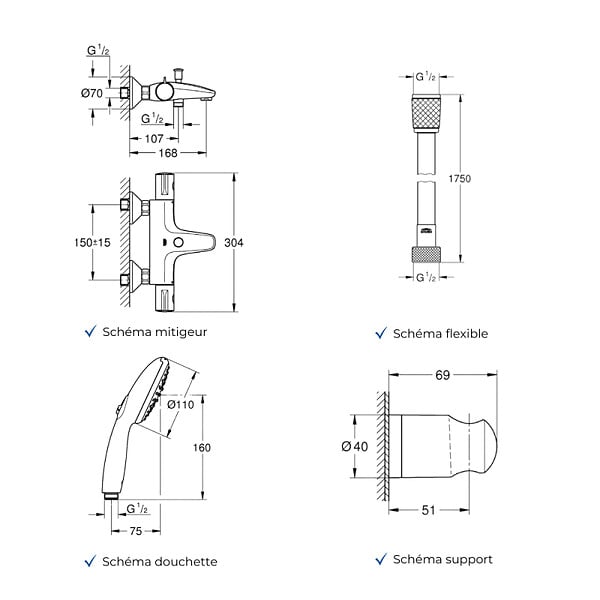 GROHE - Mitigeur baignoire thermostatique Grohtherm 800 avec colonnettes Idro'Flex + Douchette 2 jets Start + Flexible + Support - large