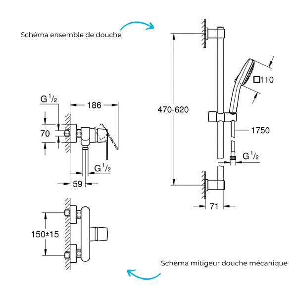 GROHE - Pack mitigeur douche mécanique Quickfix Get + Ensemble carré barre et pommeau de douche 2 jets Vitalio Comfort 110 Chromé - large