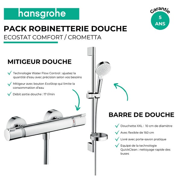 HANSGROHE - Pack mitigeur douche thermostatique Ecostat Comfort chromé + Ensemble de douche Crometta 2 jets blanc/chromé - large