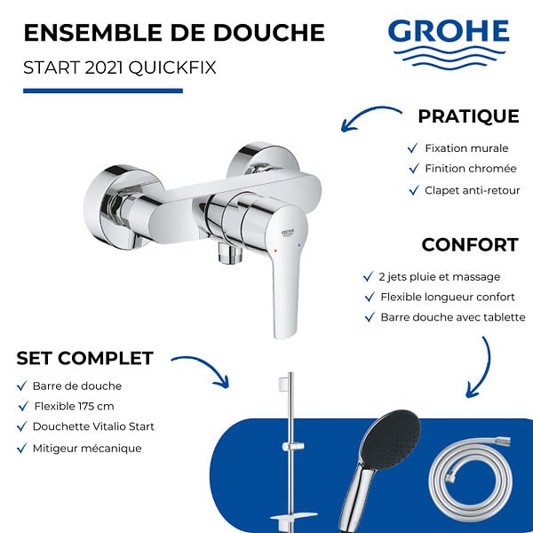 GROHE - Pack mitigeur douche mécanique Start + Douchette Vitalio Start 110 + Barre Quickflix Vitalio Smartactive + Flexible - large