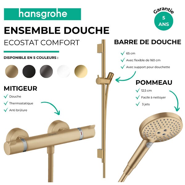 HANSGROHE - Pack mitigeur douche thermostatique Ecostat Comfort + Barre Unica + flexible + Pommeau Raindance 3 jets noir mat - large