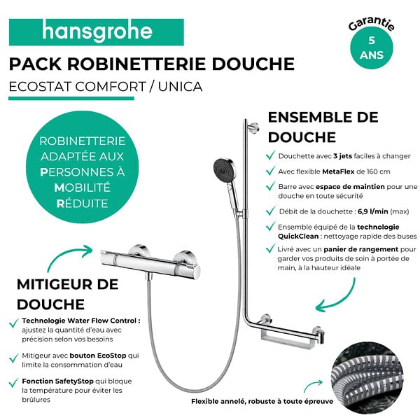 HANSGROHE - Mitigeur thermostatique Ecostat Comfort + Barre PMR Unica droite + Pommeau Pulsify Select 3 jets + Flexible Metaflex - large