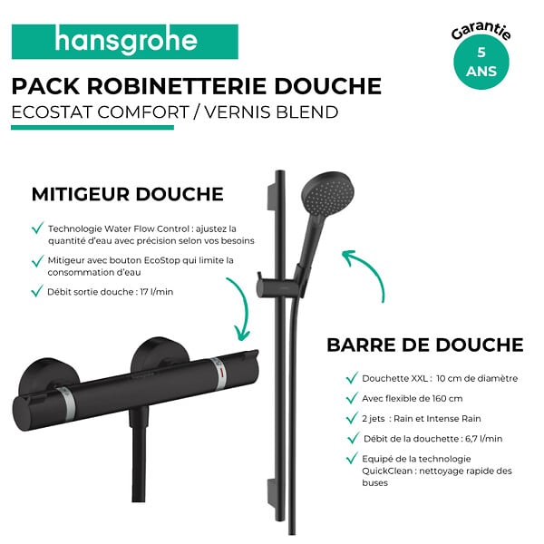 HANSGROHE - Pack mitigeur douche thermostatique Ecostat Comfort + Ensemble pommeau Vernis Blend EcoSmart 2 jets avec barre noir mat - large