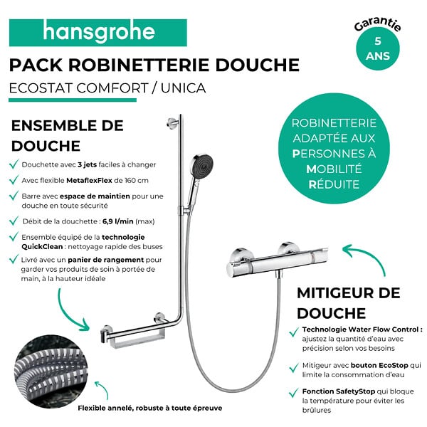 HANSGROHE - Mitigeur thermostatique Ecostat Comfort + Barre PMR Unica gauche + Pommeau Pulsify Select 3 jets + Flexible Metaflex - large