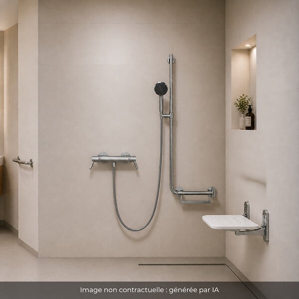 HANSGROHE - Mitigeur thermostatique Ecostat Comfort Care + Barre PMR Unica droite + Pommeau Pulsify Select 3jets + Flexible Metaflex - large