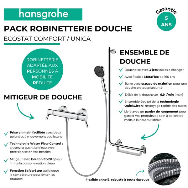 HANSGROHE - Mitigeur thermostatique Ecostat Comfort Care + Barre PMR Unica droite + Pommeau Pulsify Select 3jets + Flexible Metaflex - large
