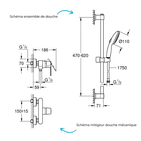 GROHE - Pack mitigeur douche mécanique Quickfix Get + Ensemble rond barre et pommeau de douche 2 jets Vitalio Comfort 110 Chromé - large