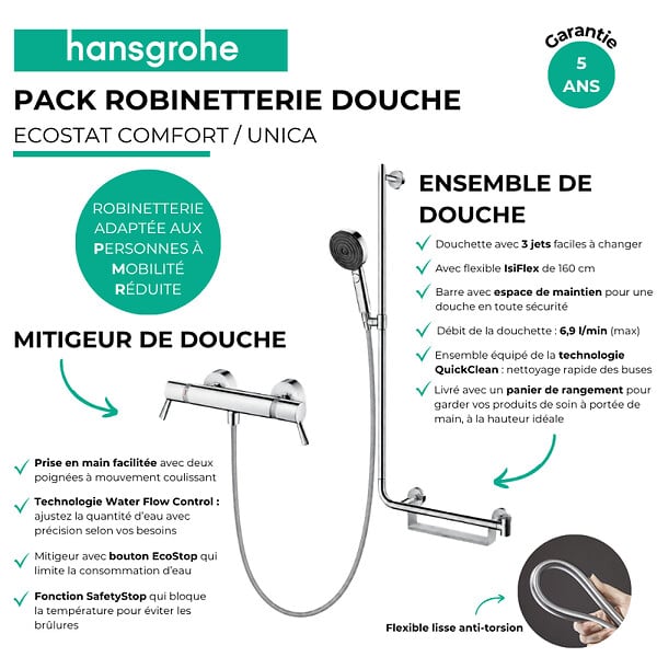 HANSGROHE - Mitigeur thermostatique Ecostat Comfort Care + Barre PMR Unica droite + Pommeau Pulsify Select 3 jets + Flexible Isiflex - large