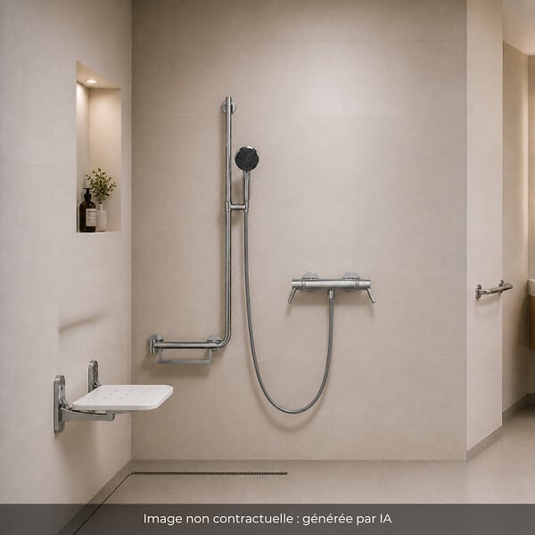 HANSGROHE - Mitigeur thermostatique Ecostat Comfort Care + Barre PMR Unica gauche + Pommeau Pulsify Select + Flexible Designflex - large