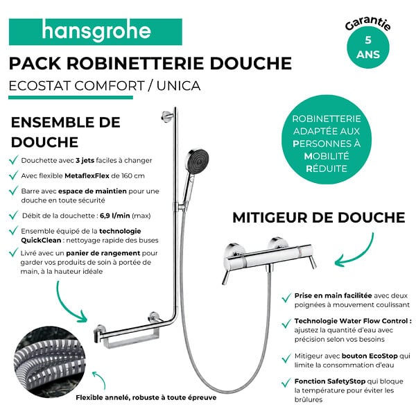HANSGROHE - Mitigeur thermostatique Ecostat Comfort Care + Barre PMR Unica gauche + Pommeau Pulsify Select 3jets + Flexible Metaflex - large