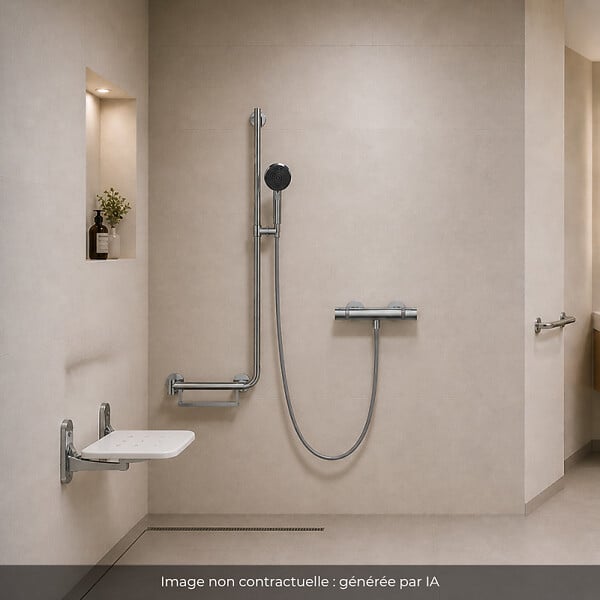 HANSGROHE - Mitigeur thermostatique Ecostat Comfort + Barre PMR Unica gauche + Pommeau Pulsify Select 3 jets + Flexible Designflex - large