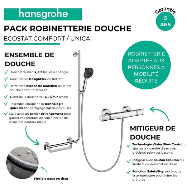 HANSGROHE - Mitigeur thermostatique Ecostat Comfort + Barre PMR Unica gauche + Pommeau Pulsify Select 3 jets + Flexible Designflex - large