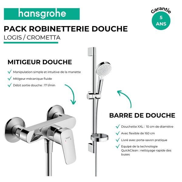 HANSGROHE - Pack mitigeur douche mécanique Logis chromé + Ensemble de douche Crometta 2 jets blanc/chromé - large
