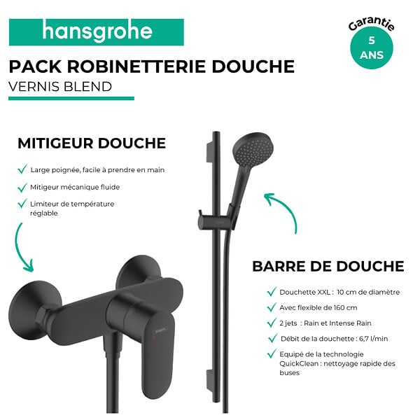 HANSGROHE - Pack mitigeur douche mécanique Vernis Blend + Ensemble pommeau Vernis Blend EcoSmart 2 jets avec barre noir mat - large