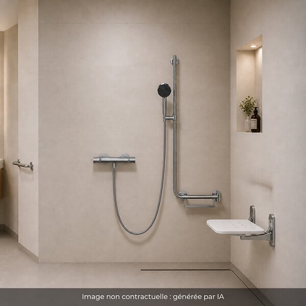 HANSGROHE - Mitigeur thermostatique Ecostat Comfort + Barre PMR Unica droite + Pommeau Pulsify Select 3 jets + Flexible Isiflex - large
