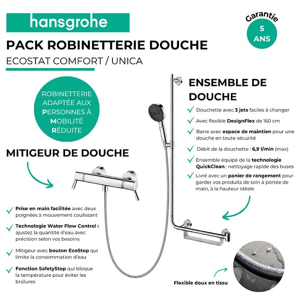 HANSGROHE - Mitigeur thermostatique Ecostat Comfort Care + Barre PMR Unica droite + Pommeau Pulsify Select + Flexible Designflex - large