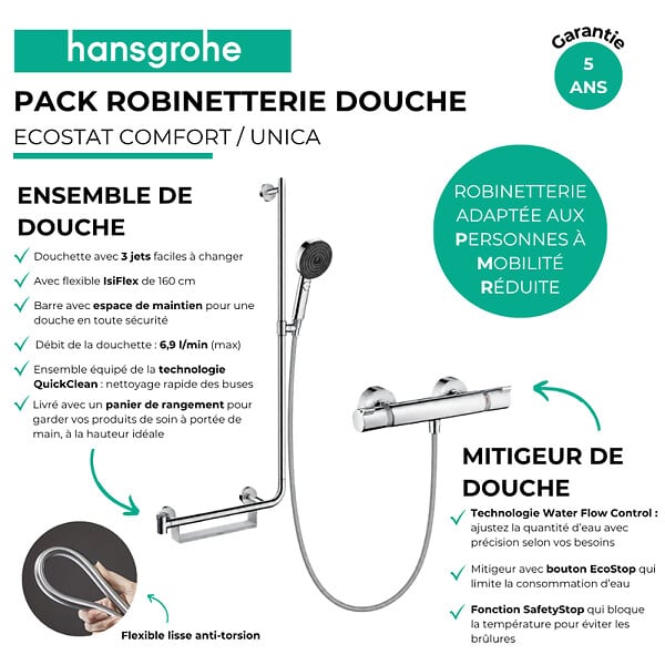 HANSGROHE - Mitigeur thermostatique Ecostat Comfort + Barre PMR Unica gauche + Pommeau Pulsify Select 3 jets + Flexible Isiflex - large