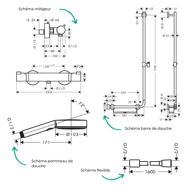 HANSGROHE - Mitigeur thermostatique Ecostat Comfort + Barre PMR Unica gauche + Pommeau Pulsify Select 3 jets + Flexible Isiflex - large