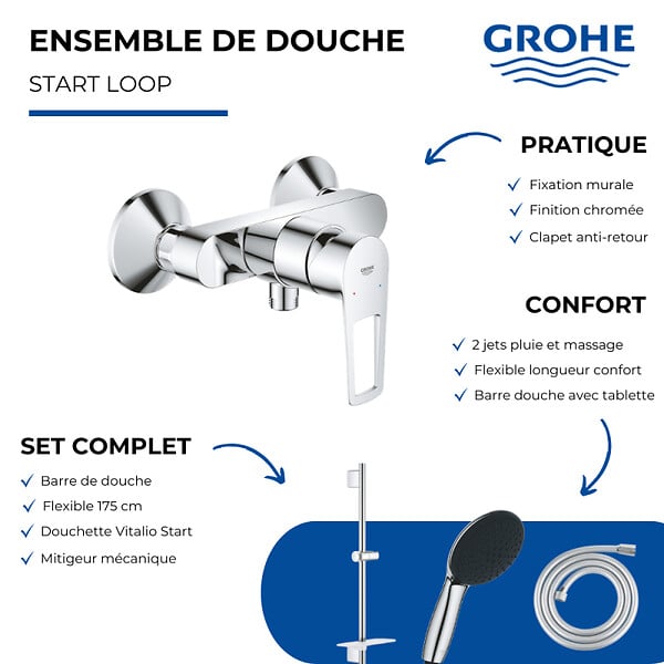 GROHE - Pack mitigeur douche mécanique StartLoop + Douchette Vitalio Start 110 + Barre Quickflix Vitalio Smartactive + Flexible - large
