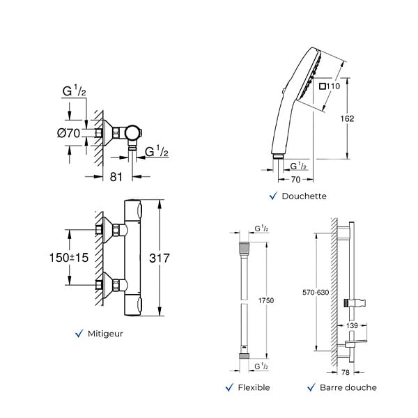 GROHE - Pack mitigeur douche thermostatique Quickfix Precision Flow + Douchette Vitalio Comfort 110 + Barre Quickfix + Flexible - large