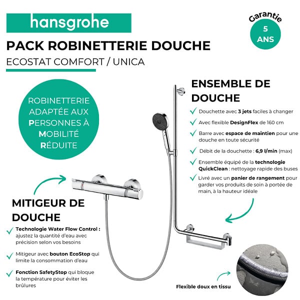 HANSGROHE - Mitigeur thermostatique Ecostat Comfort + Barre PMR Unica droite + Pommeau Pulsify Select 3 jets + Flexible Designflex - large