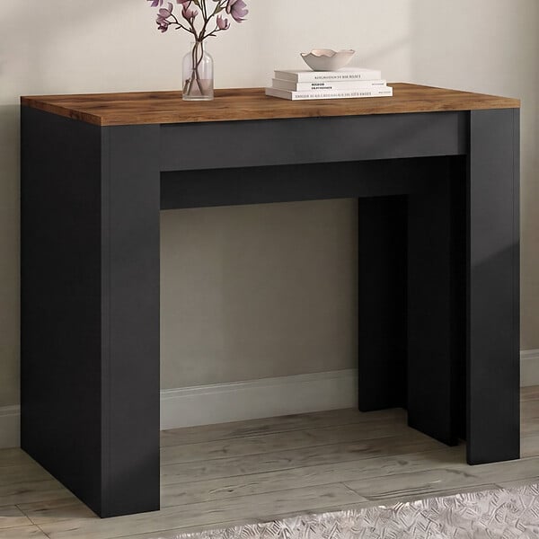 ID MARKET - Table console extensible ORLANDO 10 personnes 235 cm bois effet vieilli et noir - large