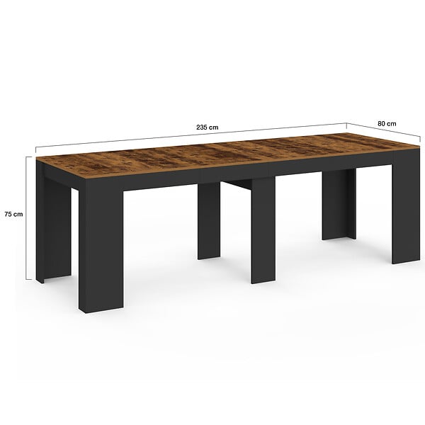 ID MARKET - Table console extensible ORLANDO 10 personnes 235 cm bois effet vieilli et noir - large
