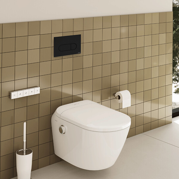VITRA - Pack WC lavant suspendu sans bride avec abattant et attentes électriques VitrA V-Care Ultra blanc + bâti autoportant V-Fix Easy + plaque noir mat - large