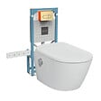 VITRA - Pack WC lavant suspendu sans bride avec abattant et attentes électriques VitrA V-Care Ultra blanc + bâti autoportant V-Fix Easy + plaque or brossé - vignette
