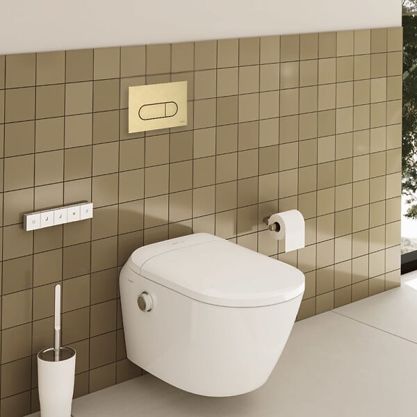 VITRA - Pack WC lavant suspendu sans bride avec abattant et attentes électriques VitrA V-Care Ultra blanc + bâti autoportant V-Fix Easy + plaque or brossé - large