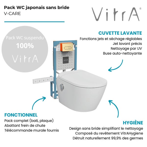 VITRA - Pack WC lavant suspendu sans bride avec abattant et attentes électriques VitrA V-Care Ultra blanc + bâti autoportant V-Fix Easy + plaque or brossé - large