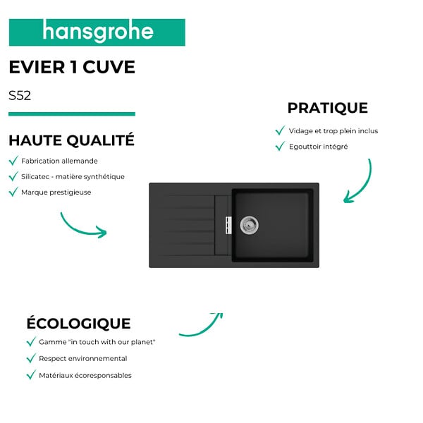 HANSGROHE - Evier 1 bac 980 S52 synthèse noir + robinet de cuisine Focus M41 160 aspect acier inox - large