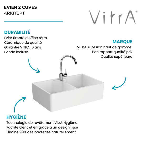 VITRA - Evier timbre d'office 2 bac à poser VitrA Belfast Blanc - large