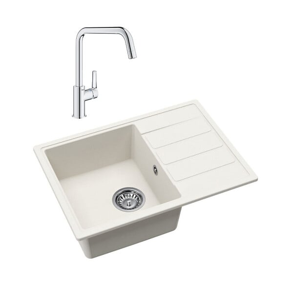 SWISS AQUA TECHNOLOGIES - 62x44 cm kit évier avec égouttoir réversible en Granite, à encastrer, blanc + mitigeur lavabo/cuisine Grohe Start (SATSE2WG304) - large