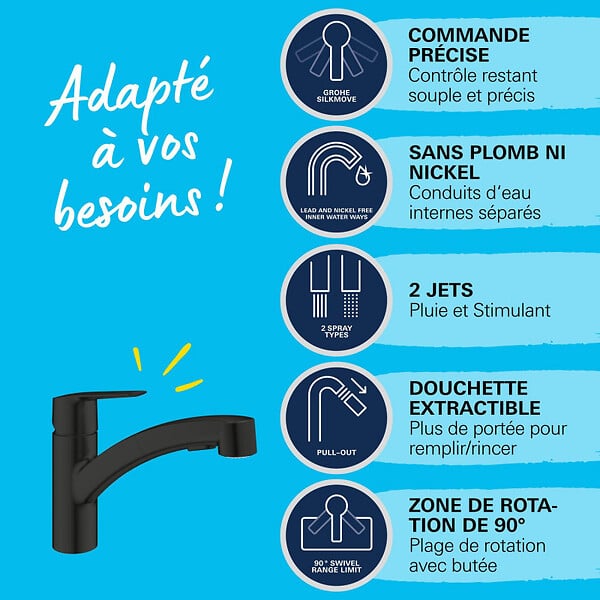 SWISS AQUA TECHNOLOGIES - 62x44 cm kit évier avec égouttoir réversible en Granite, à encastrer, blanc + mitigeur de cuisine Grohe Start (SATSE2WG303) - large