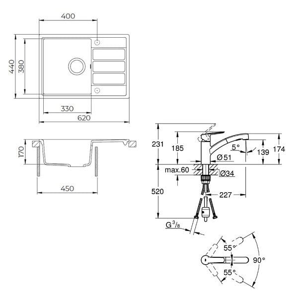 SWISS AQUA TECHNOLOGIES - 62x44 cm kit évier avec égouttoir réversible en Granite, à encastrer, blanc + mitigeur de cuisine Grohe Start (SATSE2WG303) - large