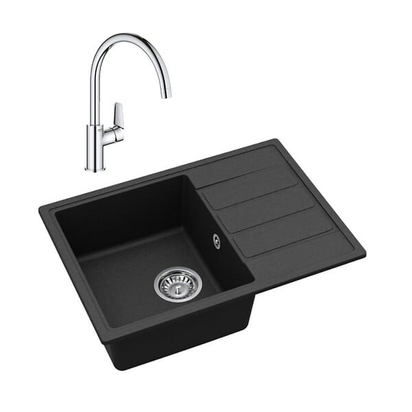 SWISS AQUA TECHNOLOGIES - 62x44 cm évier avec égouttoir réversible en Granite, à encastrer, noir + mitigeur lavabo/cuisine Grohe StartEdge (SATSE2BG313) - large