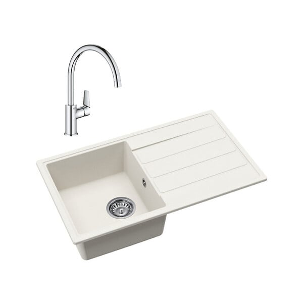 SWISS AQUA TECHNOLOGIES - 76x44 cm évier avec égouttoir réversible en Granite, à encastrer, blanc + mitigeur lavabo/cuisine Grohe StartEdge (SATSE3WG313) - large