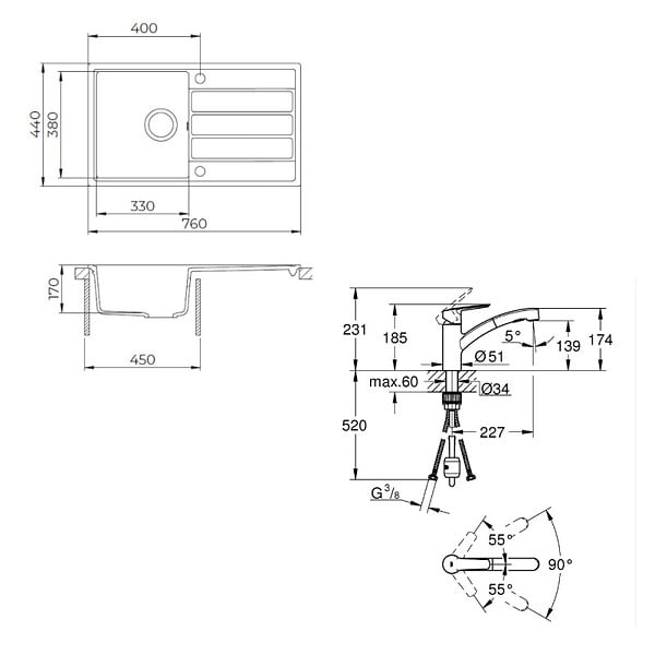 SWISS AQUA TECHNOLOGIES - 76x44 cm évier avec égouttoir réversible en Granite, à encastrer, blanc + mitigeur lavabo/cuisine Grohe Start (SATSE3WG303) - large