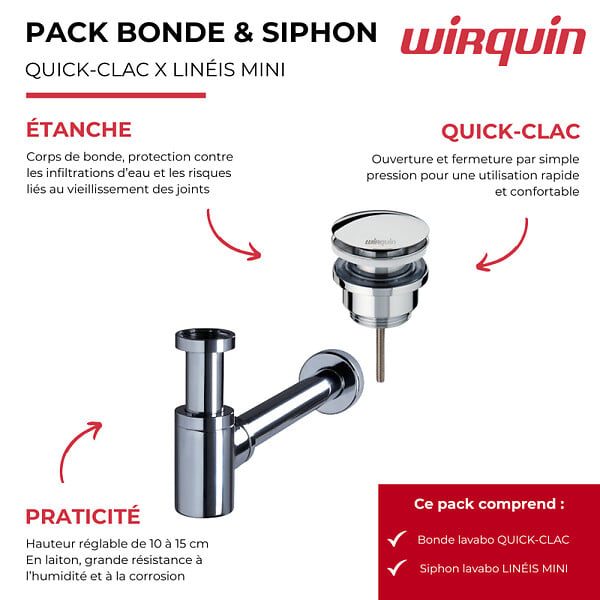 WIRQUIN - Bonde lavabo universelle vis centrale Quick clac Laiton/Chromé + Siphon lavabo Linéis Mini Laiton/Chromé - large