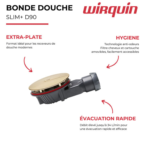 WIRQUIN - Bonde de douche extra-plate Slim+ dôme métal doré brossé - large
