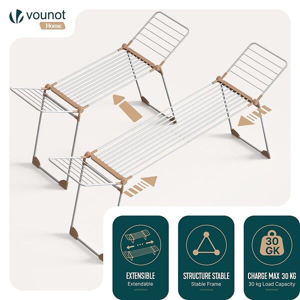 VOUNOT - Etendoir a linge telescopique pliable extensible ailes hautes 284x55x122cm metal blanc - large