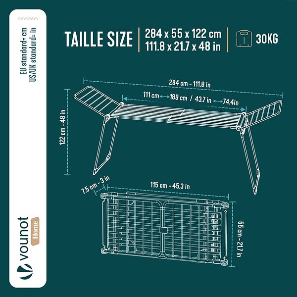 VOUNOT - Etendoir a linge telescopique pliable extensible ailes hautes 284x55x122cm metal noir - large