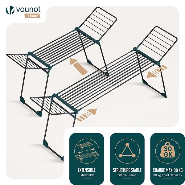 VOUNOT - Etendoir a linge telescopique pliable extensible ailes hautes 284x55x122cm metal noir - large
