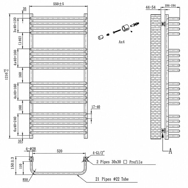 OTITEC - Sèche-serviettes électrique 121x55cm - 400W - Doré brossé - TONY - large