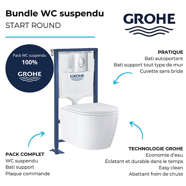 GROHE - Pack WC suspendu sans bride Start Round Ceramic + Abattant frein de chute + Bâti support autoportant + Plaque de commande chromé - large