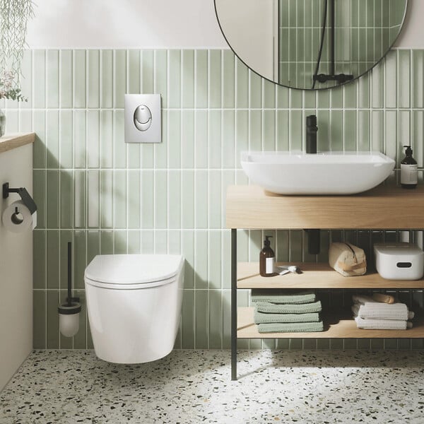 GROHE - Pack WC suspendu sans bride Start Round Ceramic + Abattant frein de chute + Bâti support autoportant + Plaque de commande chromé - large