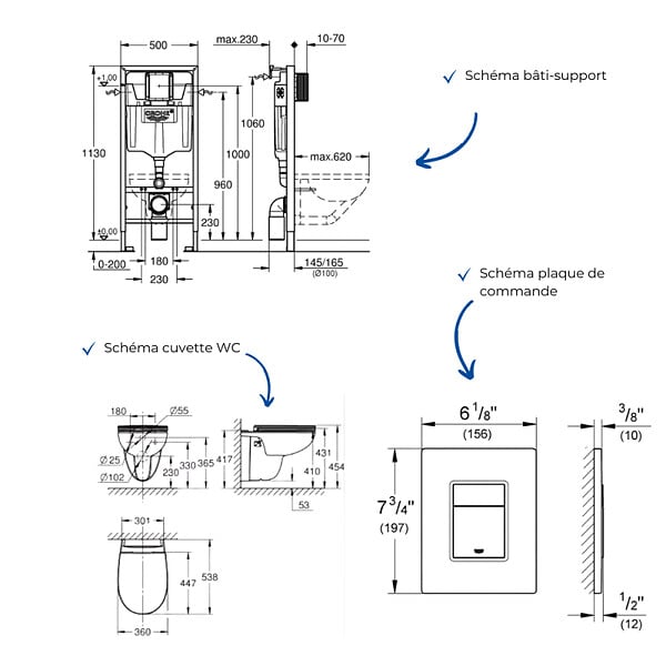 GROHE - Pack WC suspendu sans bride caréné + Abattant Bau Ceramic + Bâti-support mur porteur + Plaque commande Cool Sunrise - large