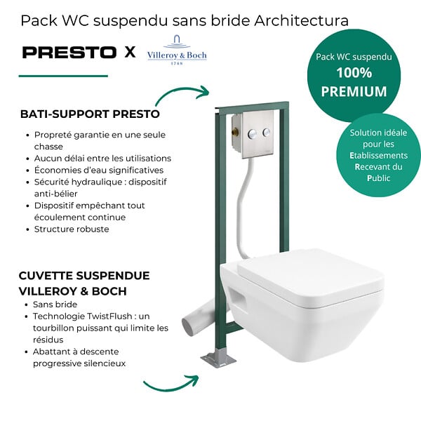 VILLEROY ET BOCH - Pack WC suspendu sans bride VILLEROY&BOCH Architectura Twistflush rectangle + Abattant + Bâti-support autoportant + Plaque - large